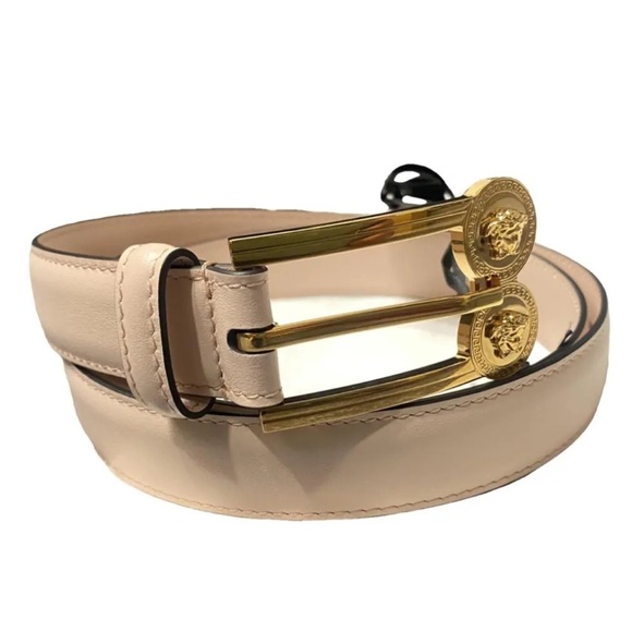 Versace La Medusa Double Coin Logo Beige Leather Belt